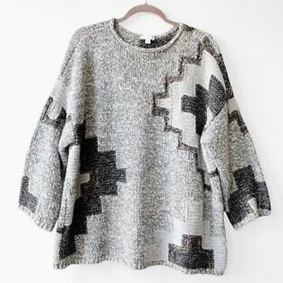 J. Jill Sweaters - J. Jill Gray Aztec Print Oversized Chunky Sweater Sz L Cotton